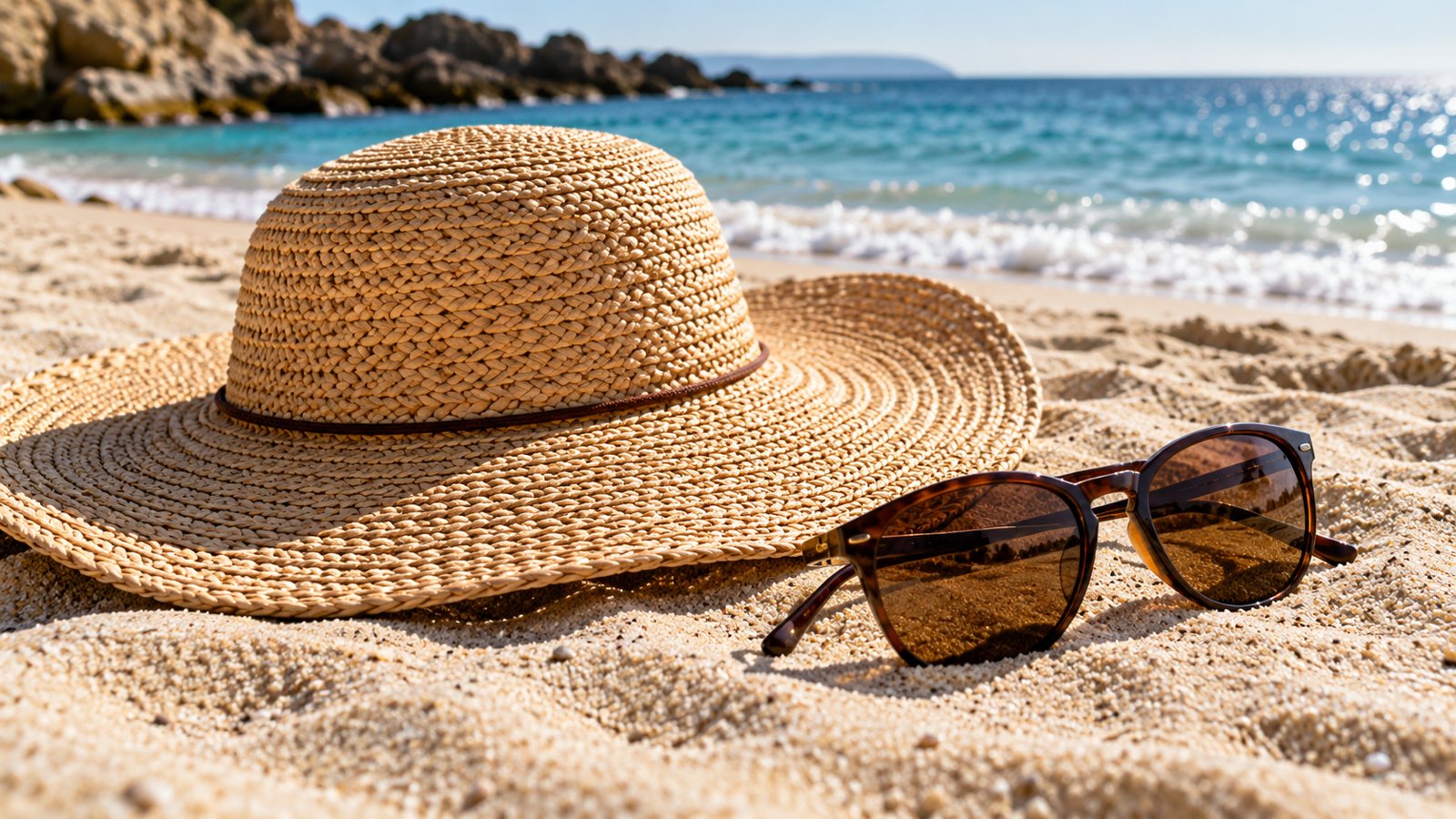 A sun hat and sunglasses on sand (illustrative)