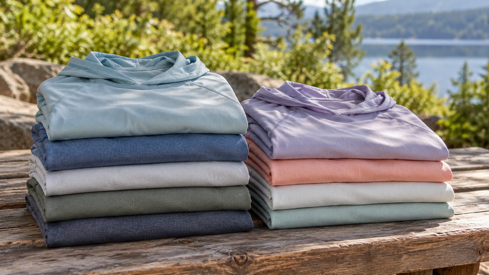 Sun shirts folded on a bench (illustrative)